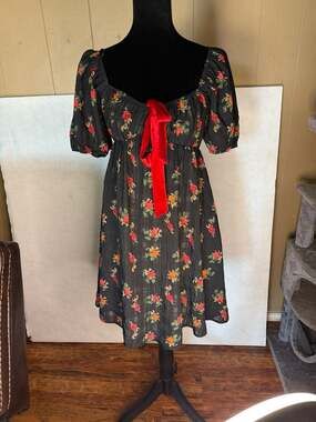 NWT Pretty Garbage Black Floral Babydoll Mini Dress with Red Velvet Bow